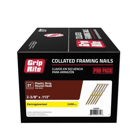 Grip-Rite Collated Framing Nail, 2-3/8 in L, 12 ga, Electro Galvanized, Round Head, 21 Degrees, 5000 PK GR08G